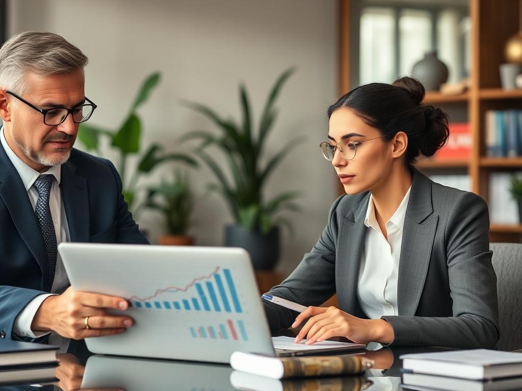 A close-up shot of a professional and modern financial consultant working with a client in an elegant office setting. The consultant, a middle-aged man wearing a tailored suit, is analyzing financial charts on a laptop while the client, a young woman in business attire, is looking engaged and taking notes. The background is softly blurred, showcasing a well-decorated office with plants and financial books. The color palette includes shades of blue and gold to convey professionalism and trust.
