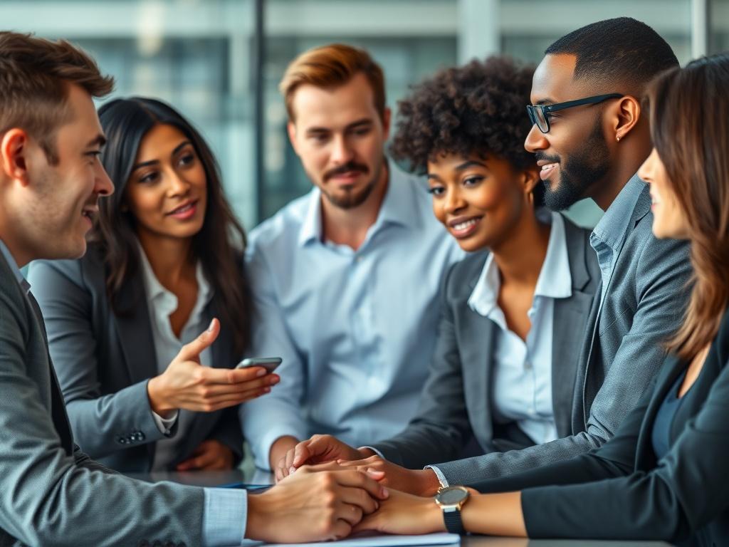 A hyper-realistic close-up shot of a diverse group of professionals engaged in a discussion about investment strategies. The setting is modern and sleek, with a focus on collaboration and community. The background is softly blurred to emphasize the people and their interactions, conveying a sense of unity and shared purpose.