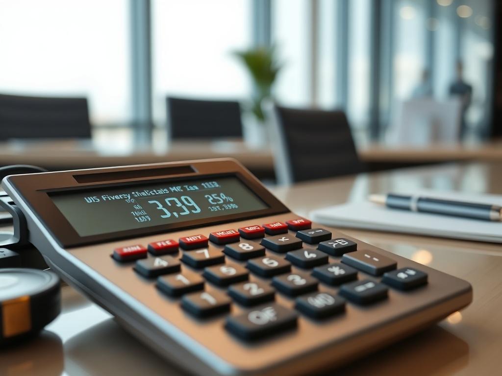 A realistic close up shot of a high tech calculator