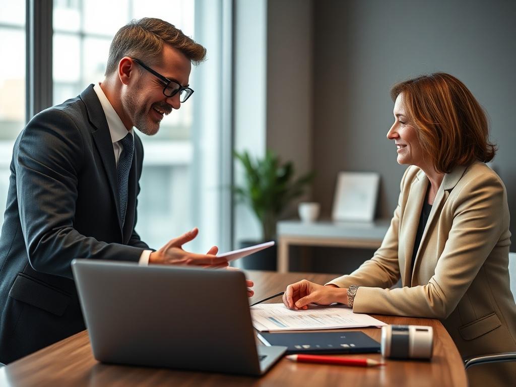 A realistic high-resolution photo of a confident financial consultant in a modern office setting, engaging with a client over a desk filled with investment documents and a laptop. The consultant is explaining diversification strategies with a warm and professional demeanor. The background should be minimalistic, emphasizing professionalism and trustworthiness, with soft lighting to create an inviting atmosphere.