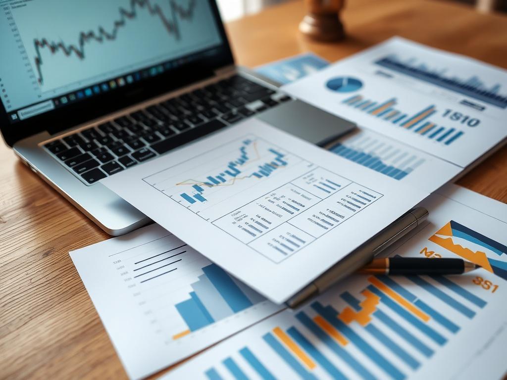 An elegant close-up shot of financial documents and a laptop on a wooden desk, showcasing investment charts and graphs. The background should be softly blurred to emphasize the documents. The color palette should reflect professionalism, with shades of blue and gold. Ideal for conveying a sense of financial stability and investment opportunities.