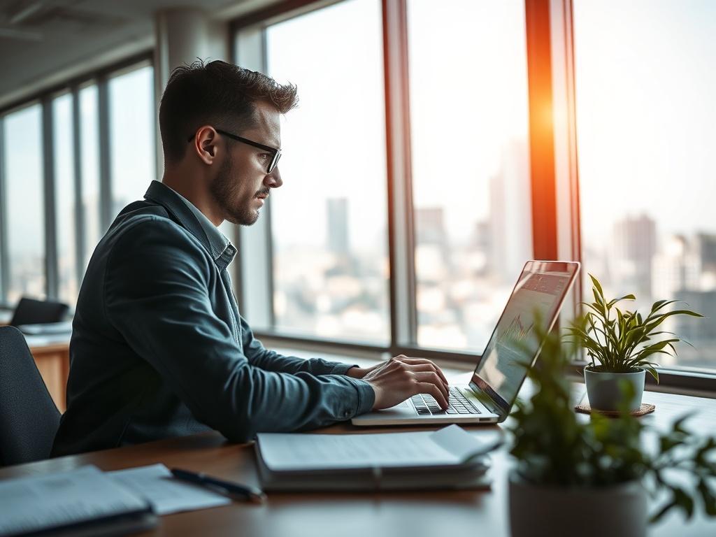 **Prompt for AI Image Generator:**

Create a realistic, high-resolution photo that visually represents the theme of "Comprendre les marchés financiers." The composition should be simple and clear, featuring a single subject: a focused individual in a modern office setting. This person, a financial analyst, should be depicted glancing at a laptop screen displaying financial graphs and charts, suggesting an active analysis of market dynamics. The surroundings should include a desk with a few financial reports