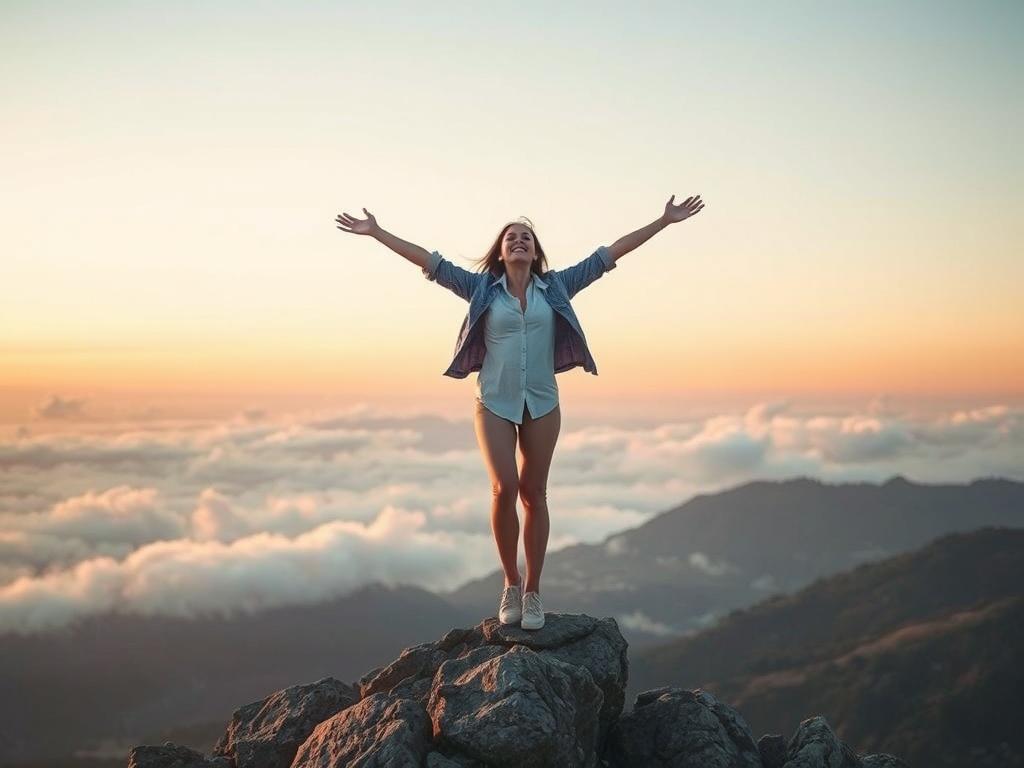 A serene image of a woman standing on a mountain peak during sunrise, arms spread wide in a joyful expression, surrounded by soft clouds and gentle light, conveying a sense of freedom and empowerment. The background features a pastel sky with warm tones, symbolizing new beginnings and clarity.