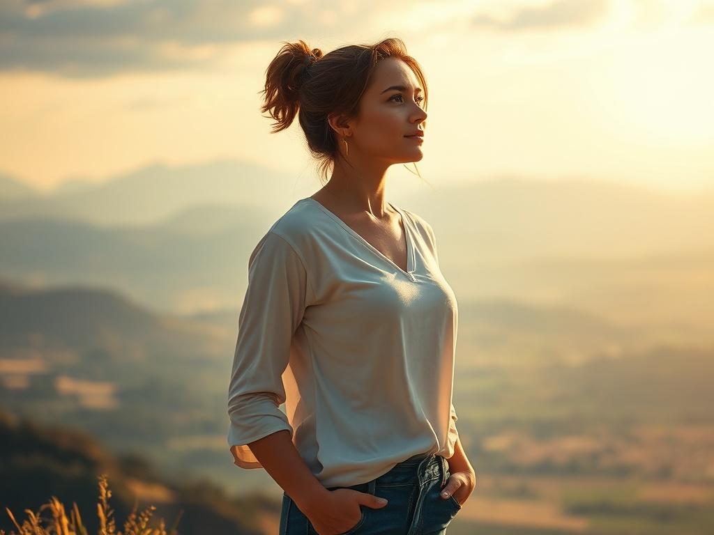 A woman standing confidently in front of a beautiful landscape, gazing into the horizon with a determined expression. The scene is bathed in soft, warm light, with gentle colors that evoke feelings of hope and strength, symbolizing the journey towards clarity and confidence.