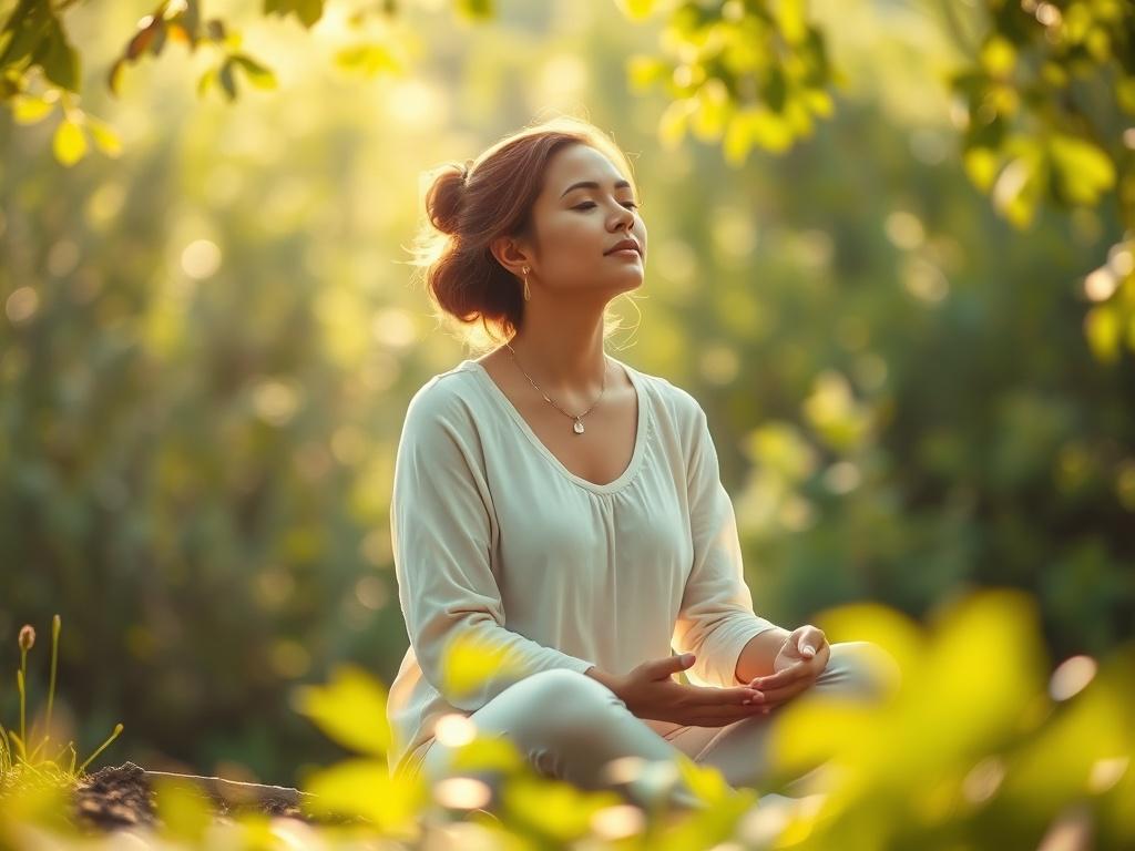 A serene scene featuring a woman sitting peacefully in a