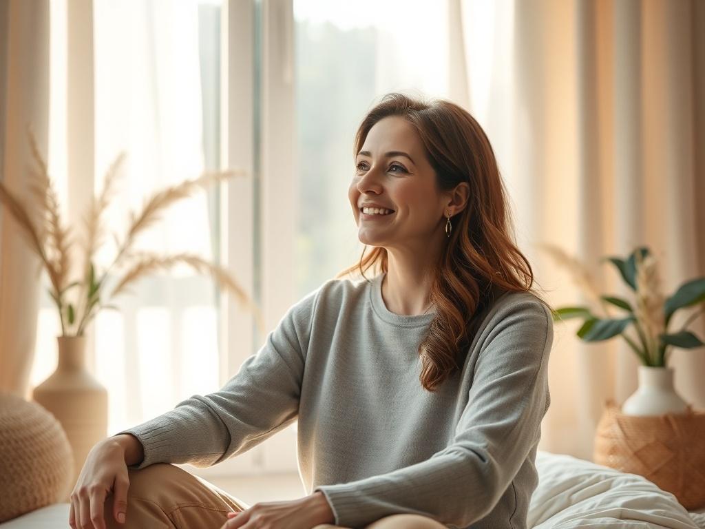 A serene woman sitting peacefully in a sunlit room, surrounded