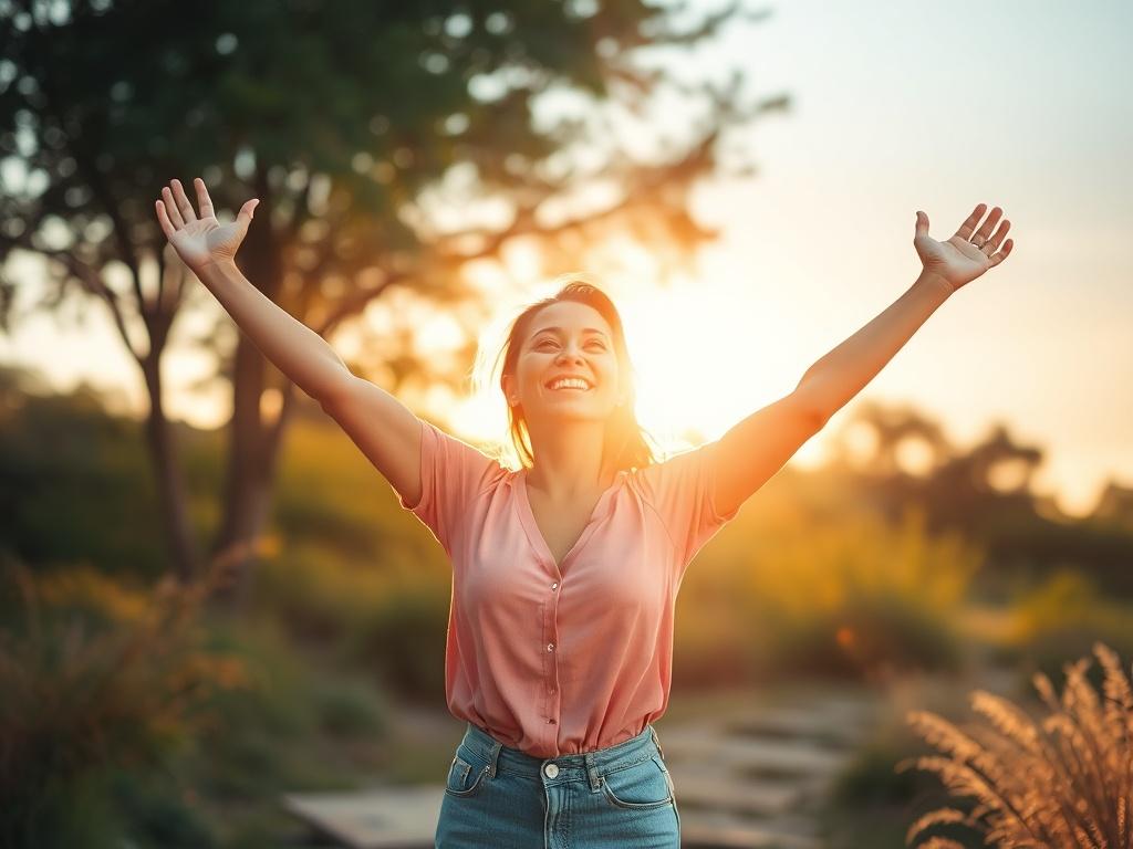A joyful woman standing in a sunlit outdoor space, arms