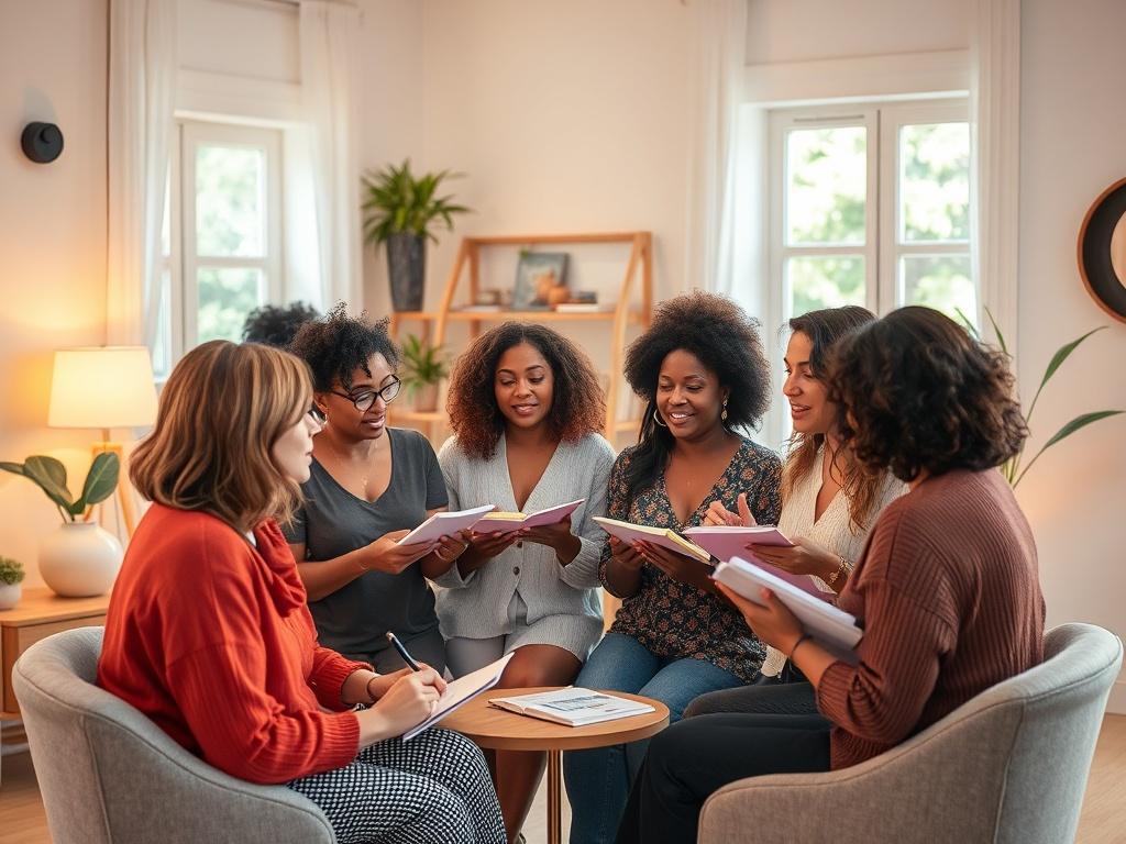A group of diverse women gathered in a bright, inviting