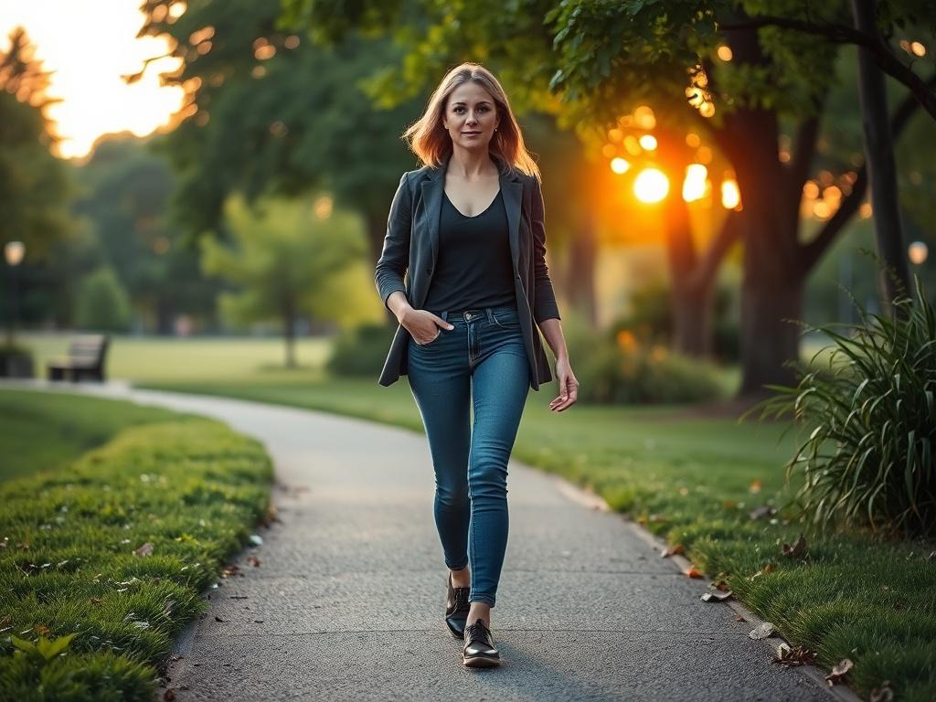 A woman confidently walking along a path in a lush