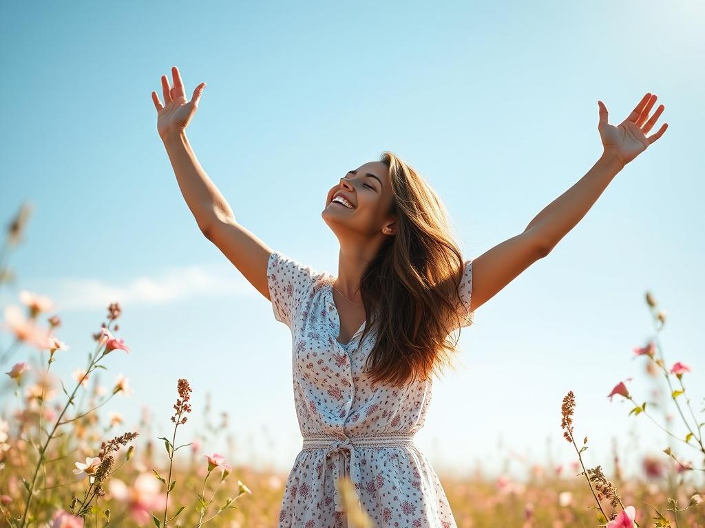 A joyful woman standing in a sunlit field, arms raised