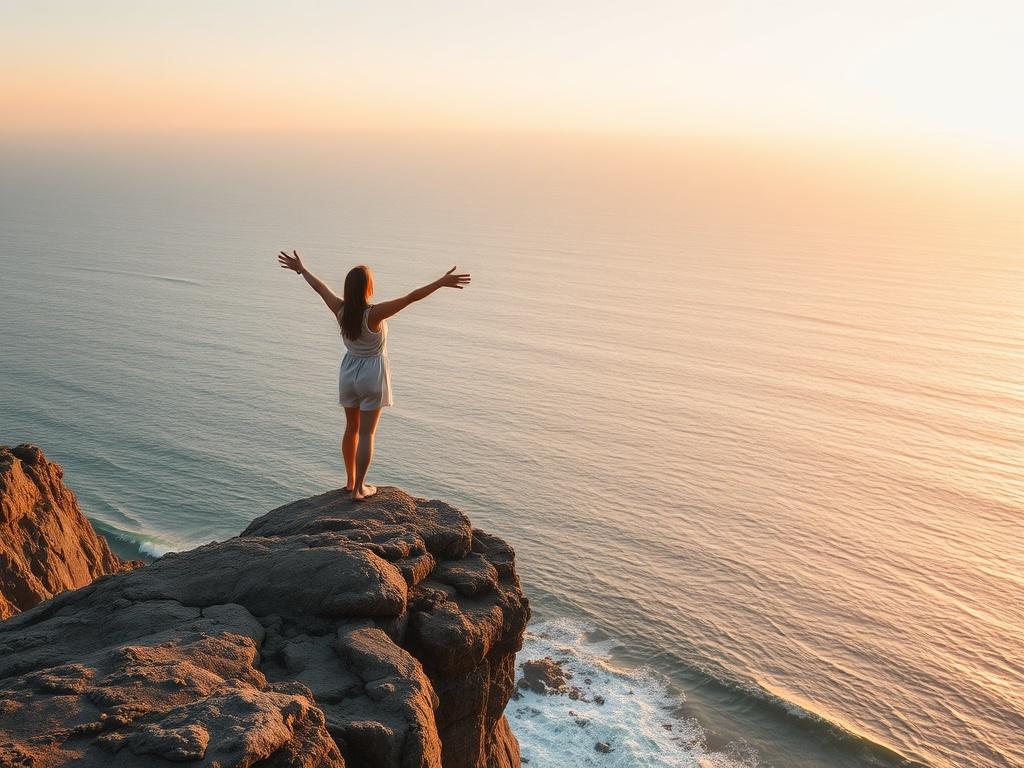 A serene and peaceful setting featuring a woman standing on a cliff overlooking a vast ocean at sunrise. The woman has her arms outstretched, embracing the morning light, symbolizing freedom and empowerment. The colors are soft and gentle, with warm tones reflecting the early sun. The background showcases the ocean waves gently crashing against the rocks, creating a calm atmosphere.
