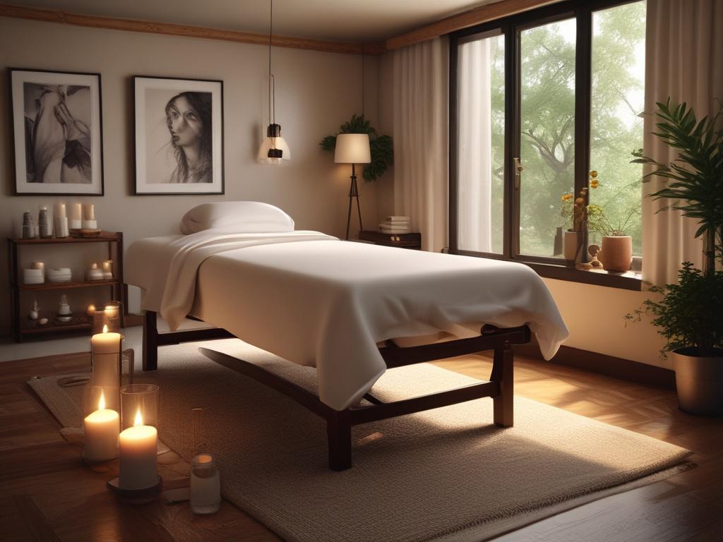 A serene massage setting with dim lighting, featuring a well