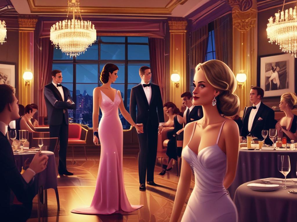 A glamorous event scene featuring an elegant escort dressed in