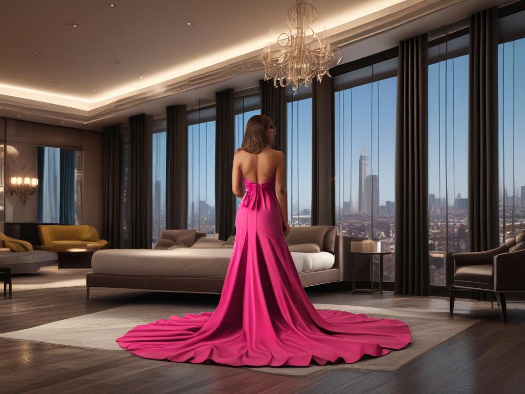 A stunning escort with long flowing hair, dressed elegantly in