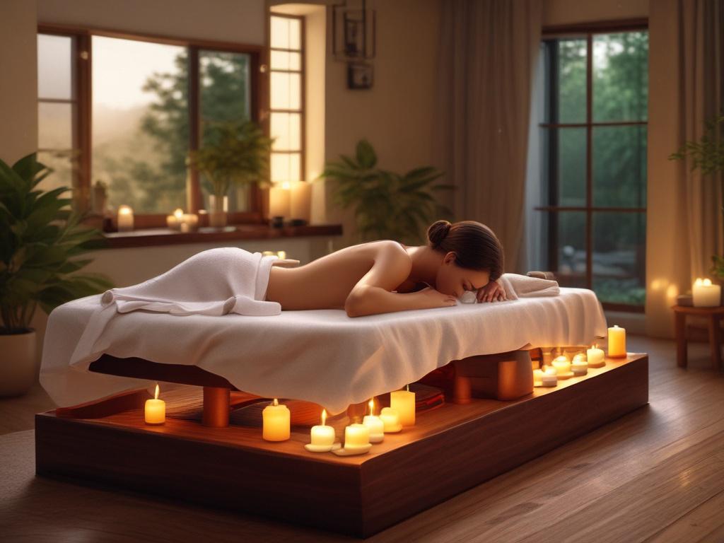 A serene spa setting featuring a beautiful woman receiving a