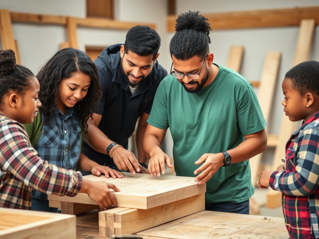 Diverse youth and mentors collaborating on hands-on skill-building projects