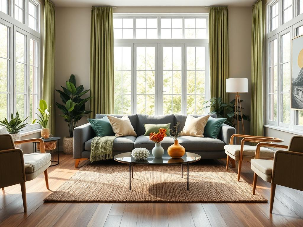 A hyper-realistic rendering of a beautifully staged living room featuring a modern sofa, a stylish coffee table, and vibrant decor. The background showcases large windows allowing natural light to flood the room. The colors are bright and inviting, with a focus on greens and earthy tones, creating a warm atmosphere. The image captures the essence of virtual staging, emphasizing the transformation of an empty space into a welcoming environment.