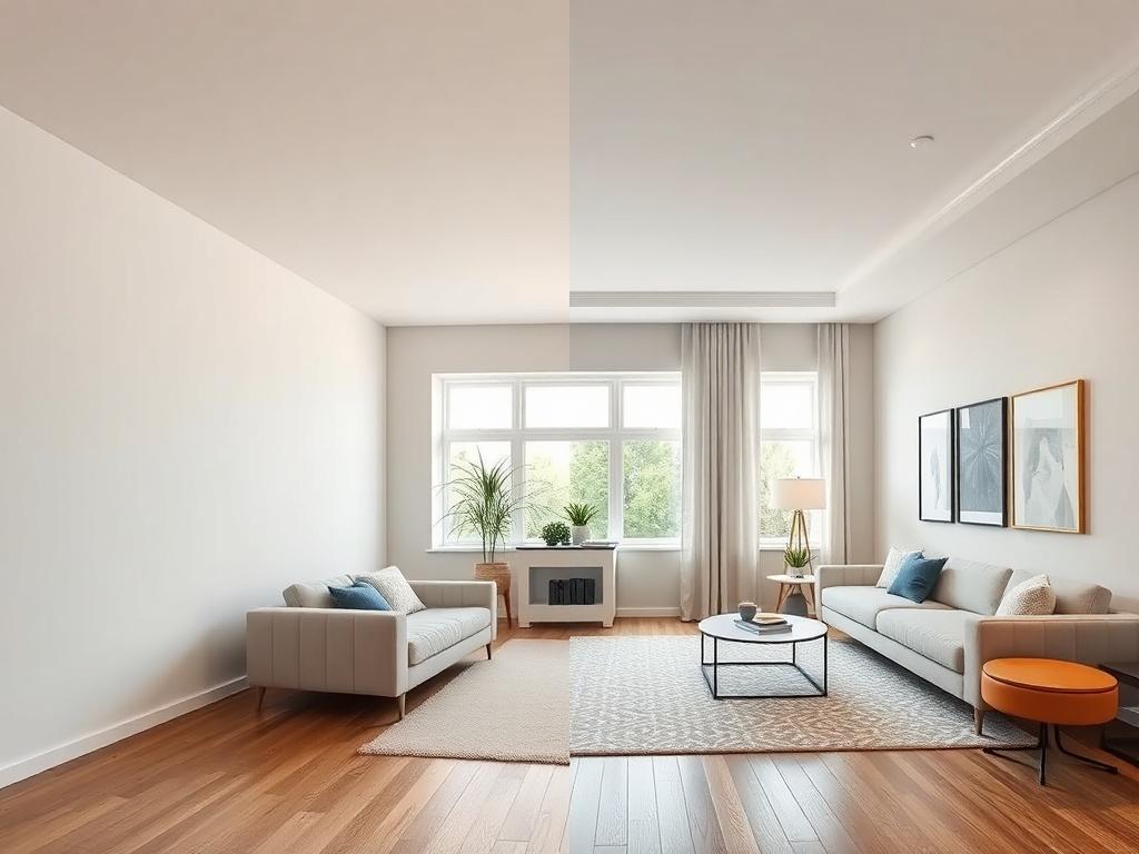 A split-screen image showcasing a room before and after virtual staging. The left side displays a bare, empty room with plain walls and no furnishings. The right side shows the same room transformed with stylish furniture, decorative elements, and inviting colors. The contrast highlights the effectiveness of virtual staging, demonstrating how it enhances the overall appeal of the space. This image emphasizes the power of virtual staging in real estate.