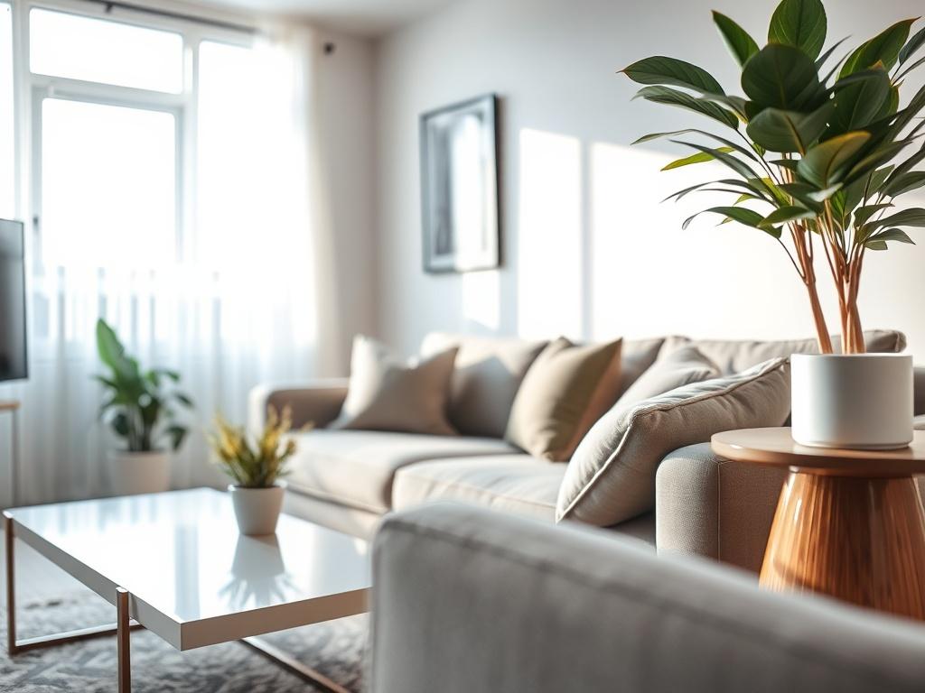 A hyper-realistic close-up shot of a beautifully staged living room. The composition should focus on a stylish sofa adorned with elegant cushions, a chic coffee table, and a vibrant indoor plant. The background should feature a bright, airy window allowing natural light to flood the room, highlighting the modern decor. Use a 45mm f/1.2 lens style to create a soft bokeh effect, emphasizing the main elements while keeping the primary color as rgb(50, 170, 39) in the decor.