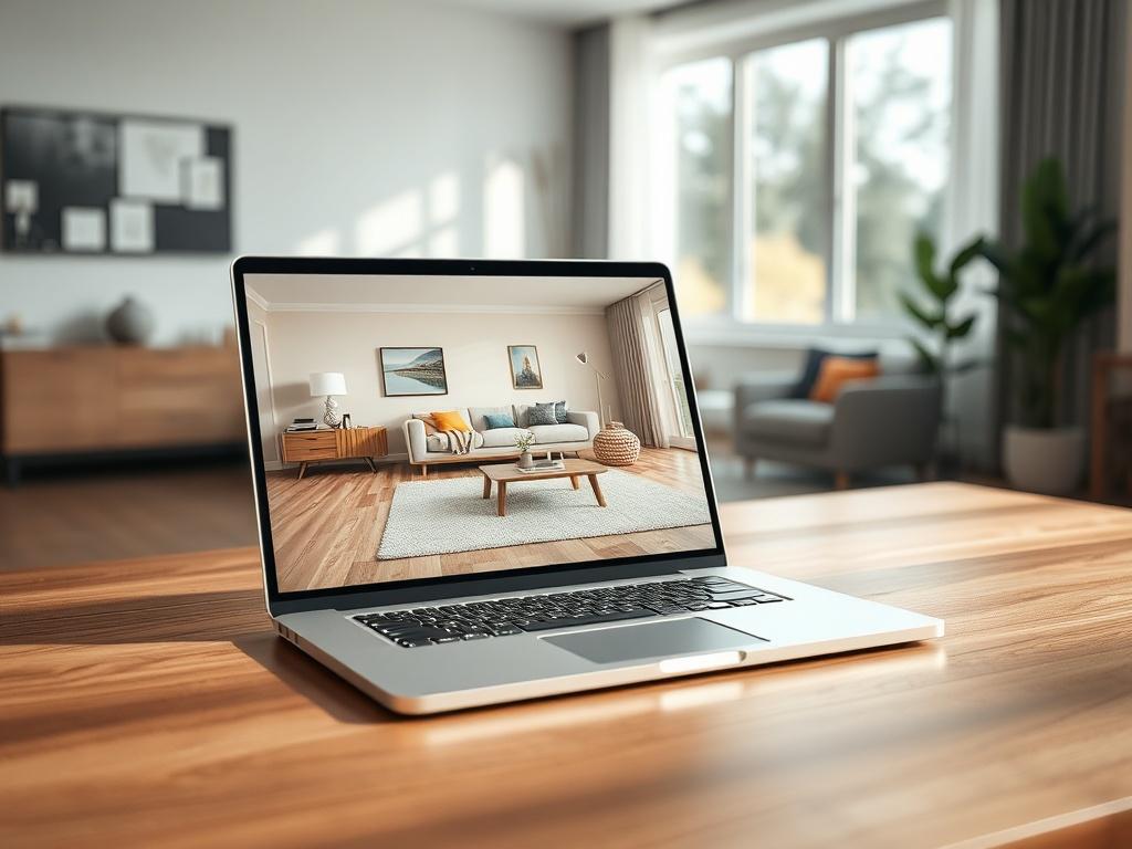 Create a realistic high-resolution photo that visually represents the concept of "Understanding Virtual Staging Software." The composition should be simple and focused, featuring a single subject: a sleek, modern laptop opened on a minimalist wooden desk. The laptop screen displays a beautifully digitally staged living room, showcasing vibrant virtual furniture and decor that enhances the space, highlighting the transformative power of virtual staging software.

The background should consist of a softly blu