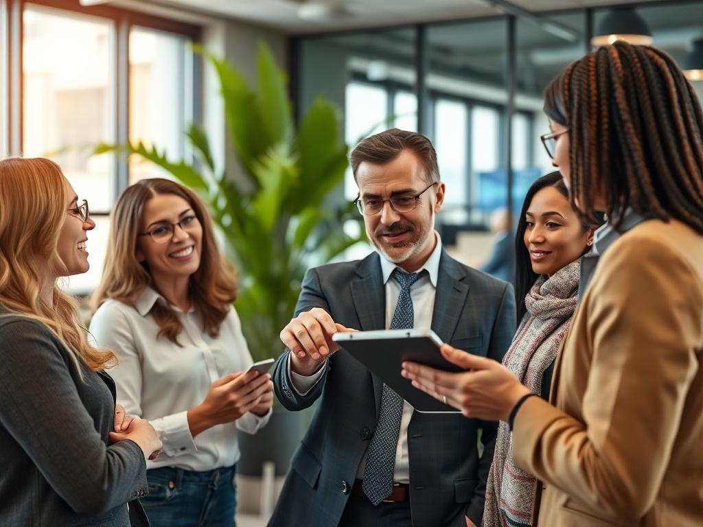 A close-up shot of a business consultant reviewing energy transformation strategies with a diverse team in a modern office setting. The consultant is pointing at a digital tablet displaying energy data, while team members actively engage in discussion. The background showcases a sleek, contemporary office design with greenery, symbolizing sustainability. The image should have a soft focus with warm lighting to create an inviting atmosphere, shot with a 45mm f/1.2 lens for sharp detail.