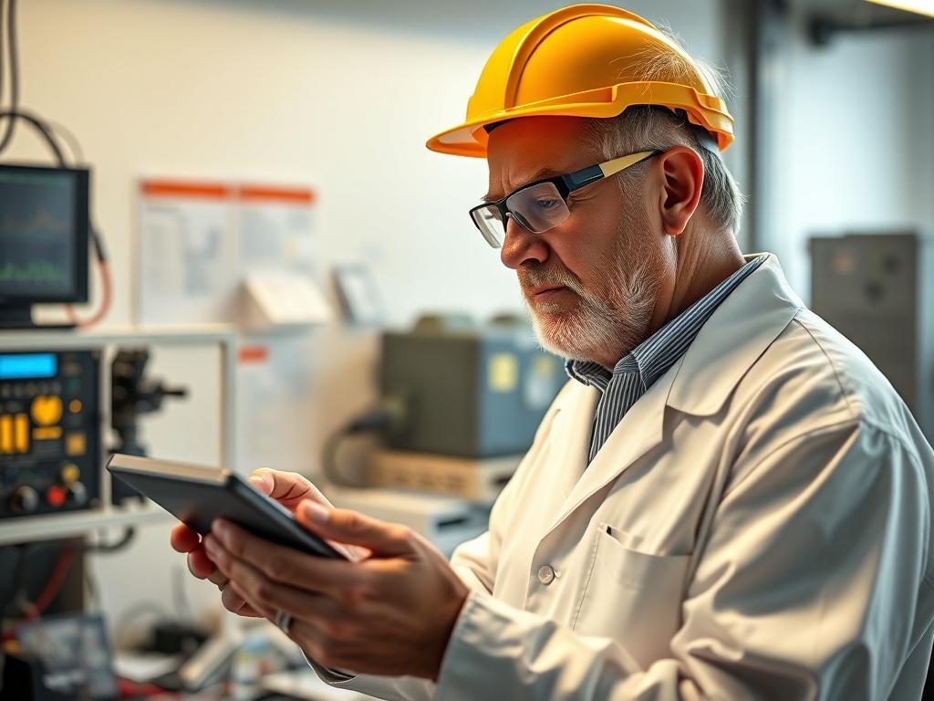 Create a highly detailed, hyper-realistic high-resolution photo that reflects the blog titled "Analiza łukoochronności – klucz do bezpieczeństwa." The composition should be simple and clear, featuring a single subject: an electrical engineer in a professional environment. The engineer, a middle-aged individual wearing safety goggles and a lab coat, should be focused intently on analyzing data from a digital tablet displaying energy metrics. 

The background should include elements of an engineering workspac