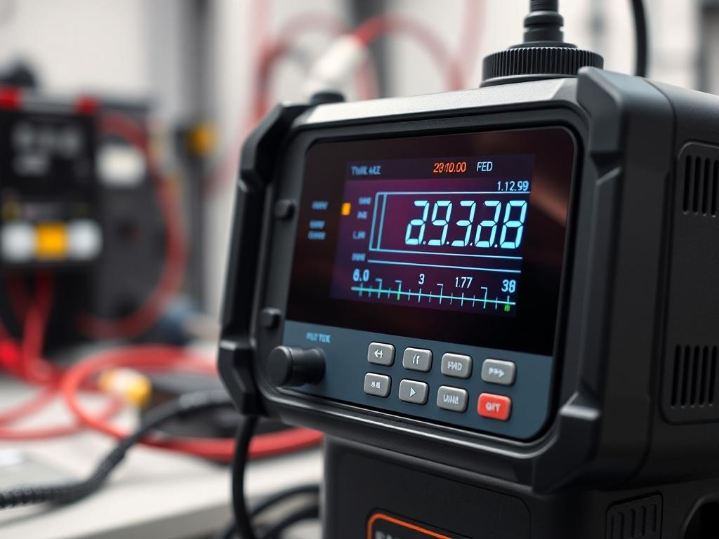 A close-up shot of an advanced energy quality analysis device, highlighting its digital display and measurement sensors. The background should be softly blurred to emphasize the device in a laboratory or technical setting, rendered in hyper-realistic style with a primary color of rgb(50, 170, 39), shot with a 45mm f/1.2 lens.