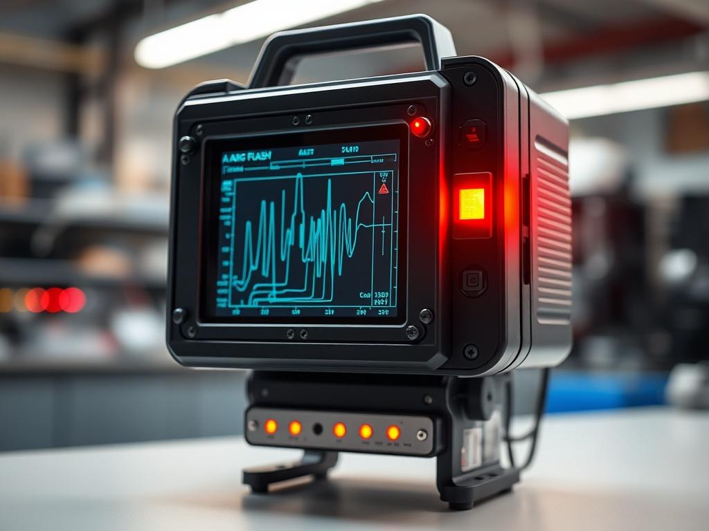 A close-up shot of a high-tech electric arc flash analysis device in a laboratory setting, showcasing its intricate details and features. The background should be a blurred lab environment, emphasizing the focus on the device. The image should have a hyper-realistic style, shot with a 45mm f/1.2 lens, ensuring vibrant colors with a primary color of rgb(50, 170, 39).