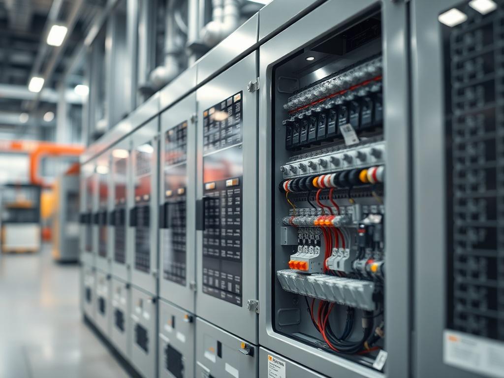 A close-up shot of a modern electrical switchgear cabinet, showcasing its intricate components and design. The background should be a blurred industrial environment to focus on the cabinet, rendered in hyper-realistic style with a primary color of rgb(50, 170, 39), shot with a 45mm f/1.2 lens.