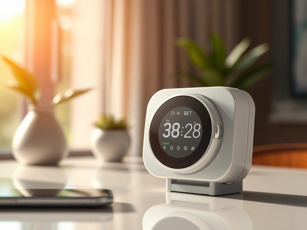 A hyper-realistic close-up shot of a modern energy-efficient device, such as a smart thermostat or energy monitoring system, placed on a sleek desk with natural light streaming through a window. The background should be softly blurred, emphasizing the device while maintaining an elegant and professional atmosphere. The colors should reflect the primary color of rgb(50, 170, 39), adding a touch of vibrancy to the image.