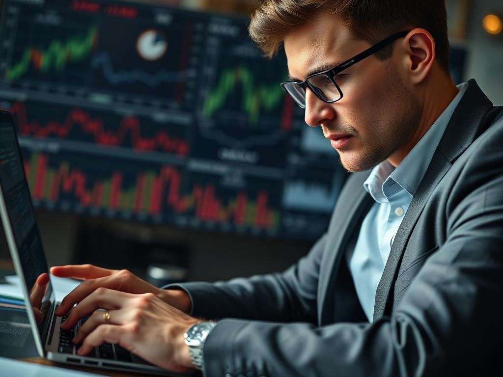 A close-up shot of a confident business professional analyzing stock market data on a laptop, with a focused expression. The background is softly blurred, featuring charts and graphs to convey a sense of strategy and investment. The image should have a hyper-realistic quality, shot with a 45mm f/1.2 lens, emphasizing the clarity of the subject while the colors are harmonized with rgb(50, 170, 39).