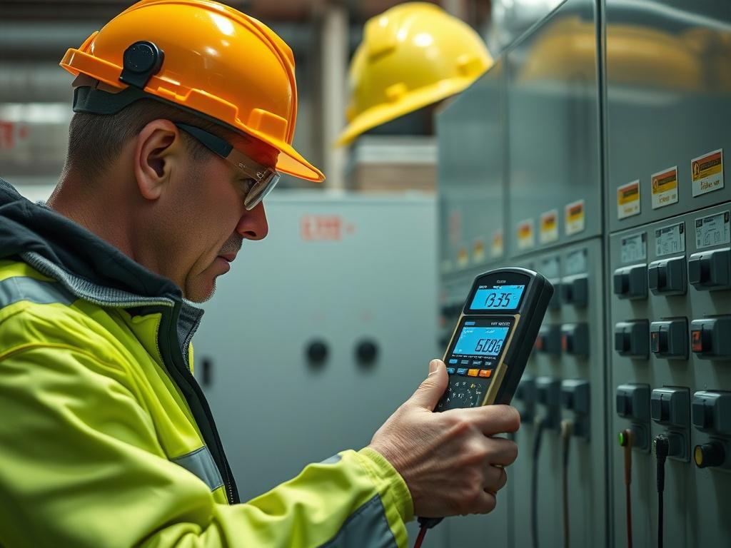 Create a highly detailed, realistic high-resolution photo that reflects the topic "Analiza łukoochronności w elektroenergetyce". The composition should be minimalistic and straightforward, focusing on a single subject. The subject should be an experienced electrical engineer, wearing safety equipment (including a hard hat and goggles), conducting an analysis at a large electrical panel with visible circuit breakers. The engineer should be intently examining a digital multimeter that displays electrical read