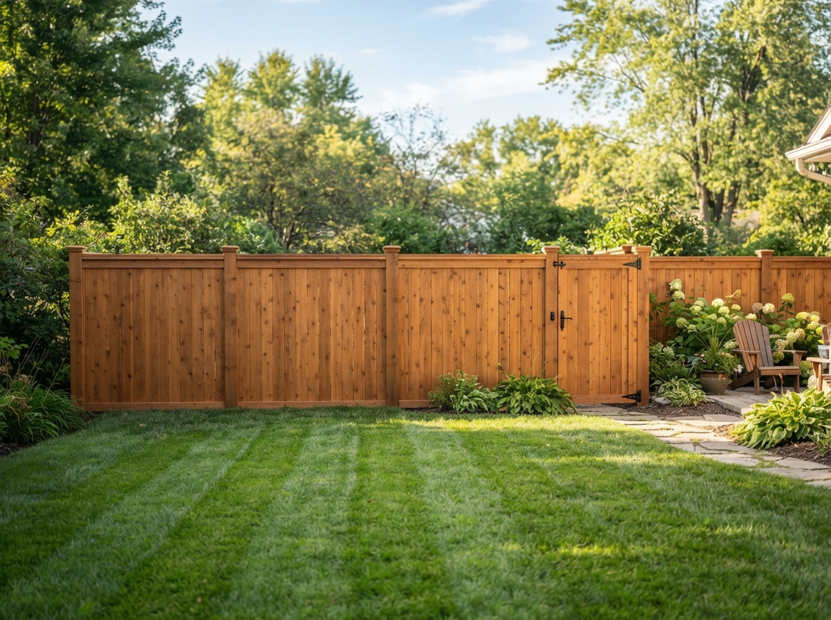 Freshly painted wooden privacy fence in a backyard