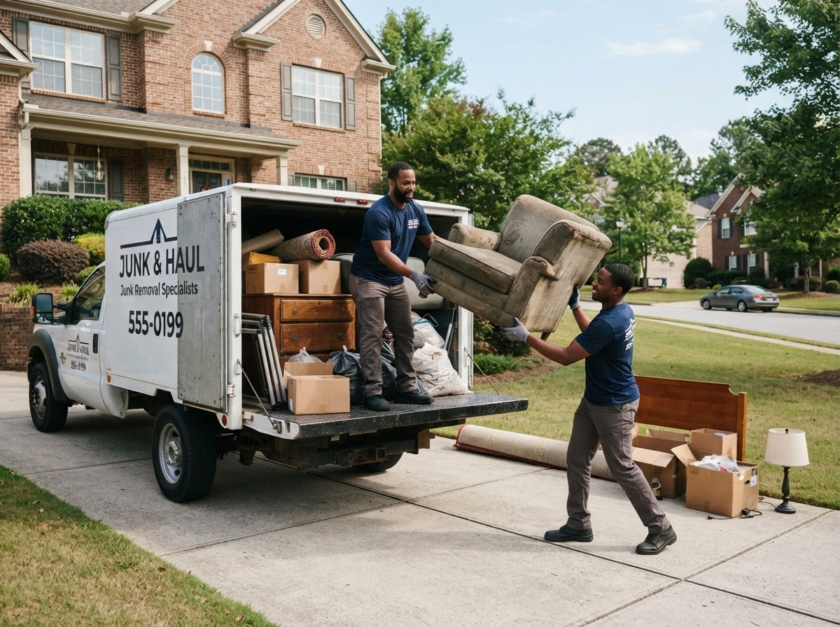 Workers loading junk and old furniture into a work truck