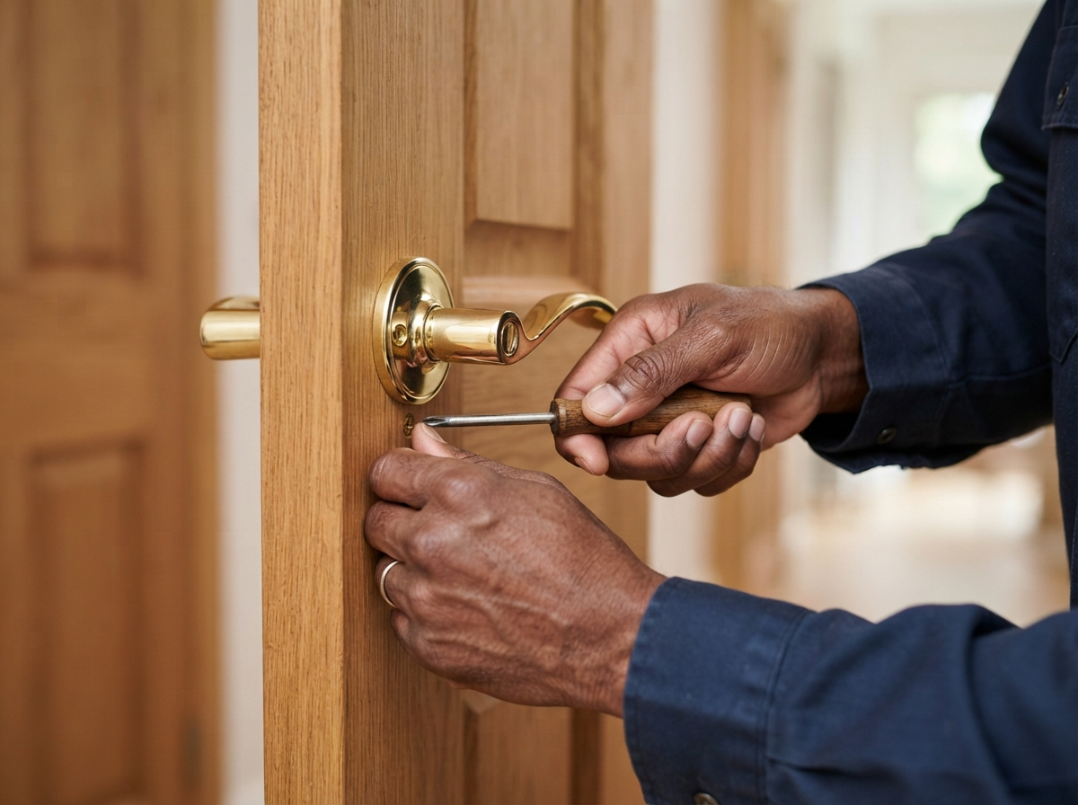 Hands installing a brass door lever on a wooden door