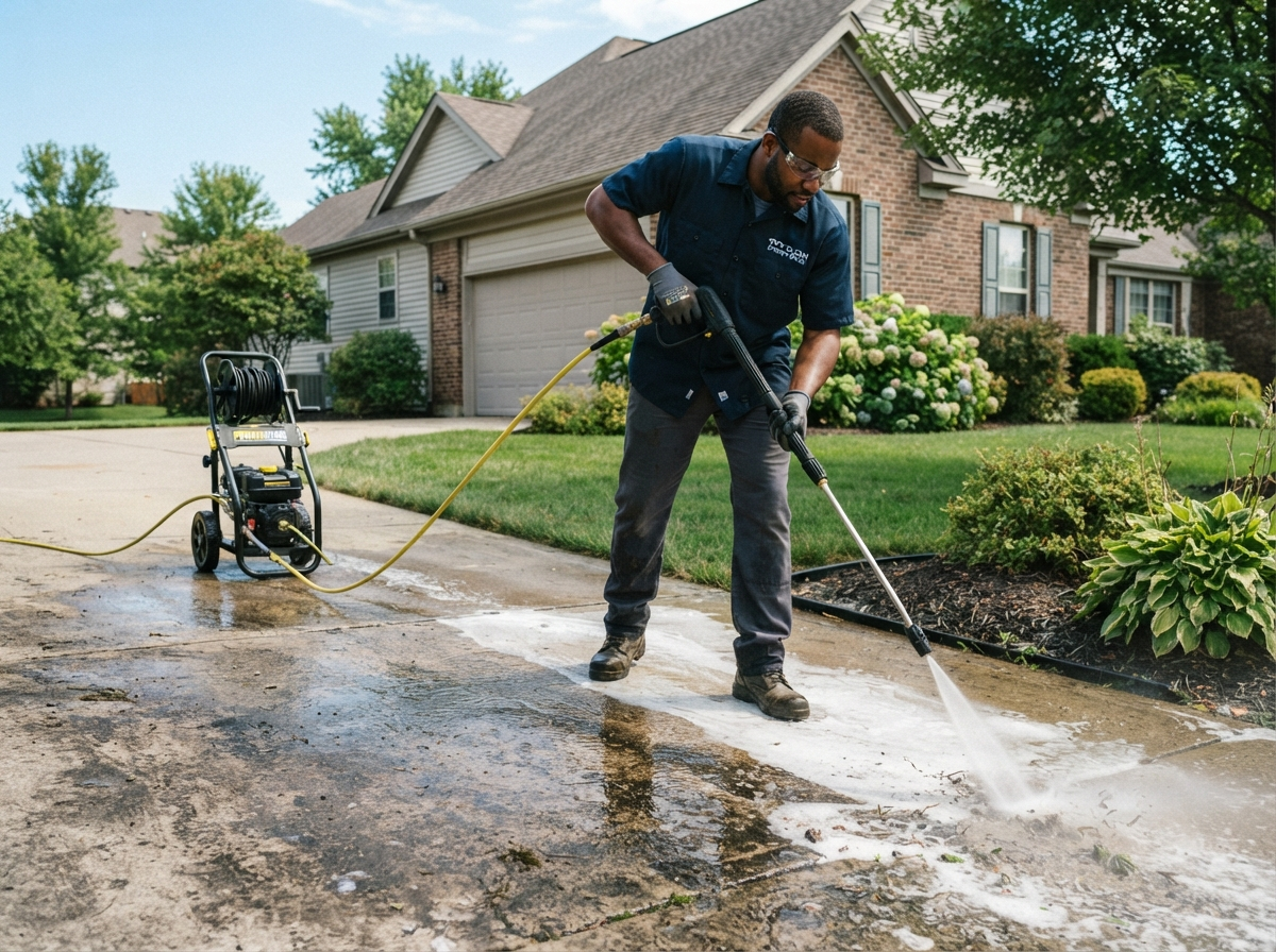Worker pressure washing a concrete driveway