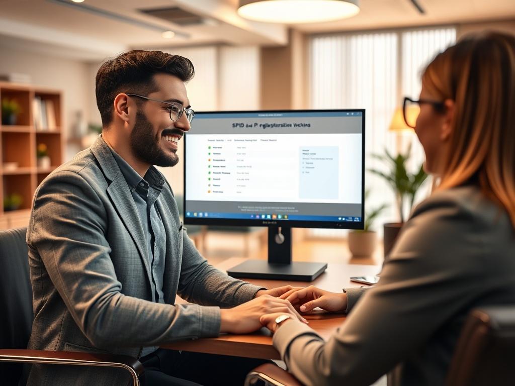 A professional office setting featuring a friendly consultant assisting a client with the SPID and PEC registration process. The consultant is explaining the steps on a computer screen, showcasing a welcoming environment with modern office furniture. The background should include elements that suggest a financial or legal advisory service, with a warm color palette emphasizing trust and professionalism.