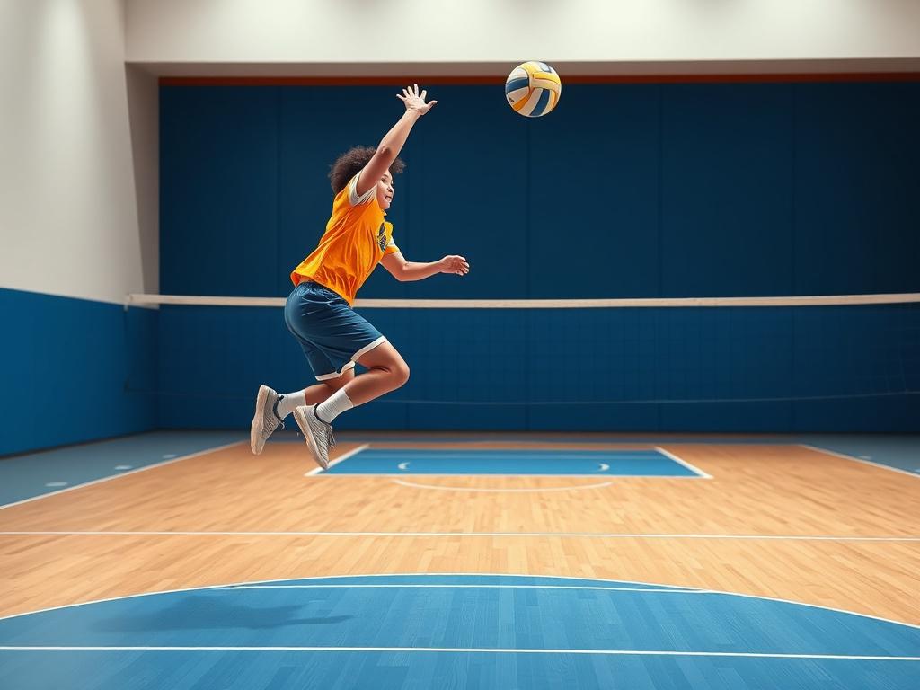 A high-resolution, photorealistic image of a young volleyball athlete mid-air executing a powerful spike during a hitting drill. The background is a clean, minimalist indoor volleyball court with bold, vibrant colors emphasizing the action. The athlete is the sole focus, captured with extreme detail and lifelike expression, highlighting strength and precision. The scene incorporates the rgb(50, 170, 39) primary color subtly in the uniform or court elements, with clean lines and minimal distractions.