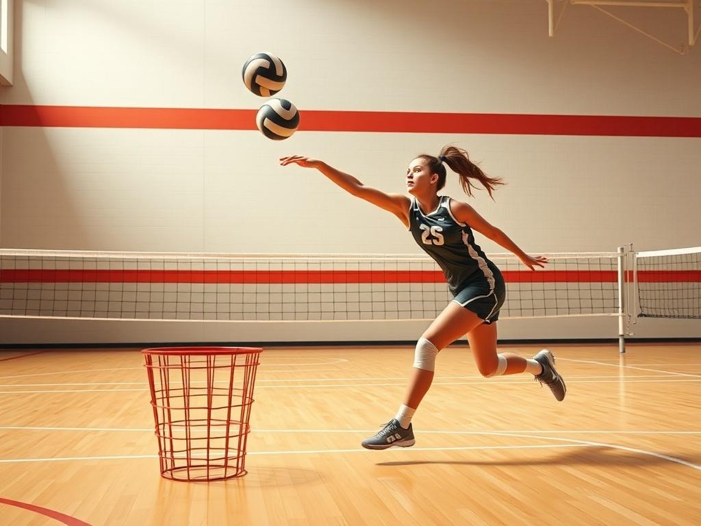 A photorealistic image of a focused high school volleyball athlete in mid-action executing a precise volleyball pass aiming at a target bucket on the court. The background is a clean, minimalist indoor volleyball gym with clean lines and bold vibrant colors dominated by rgb(50, 170, 39). The composition centers on the athlete, showcasing intense concentration and perfect form, with the bucket clearly visible in the frame.