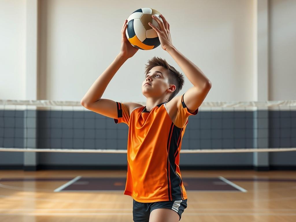 A realistic high-resolution photo of a young volleyball athlete in mid-action performing a precise setting drill. The athlete is focused, with hands positioned above the forehead, ready to set the ball. The background is a clean, minimalist indoor volleyball court with bold vibrant colors and clean lines. The image has photorealistic, extreme detail, life-like quality, emphasizing the athlete's skill and concentration. The primary color rgb(50, 170, 39) is subtly integrated into the athlete's uniform and co