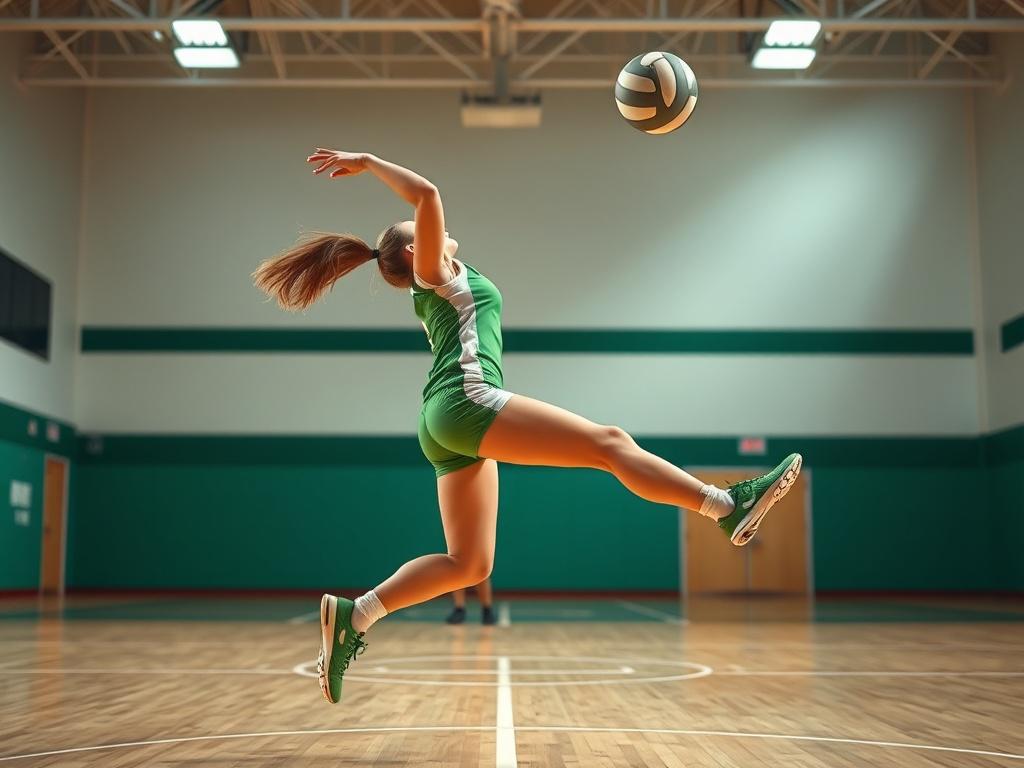 A photorealistic image of a high school volleyball player mid