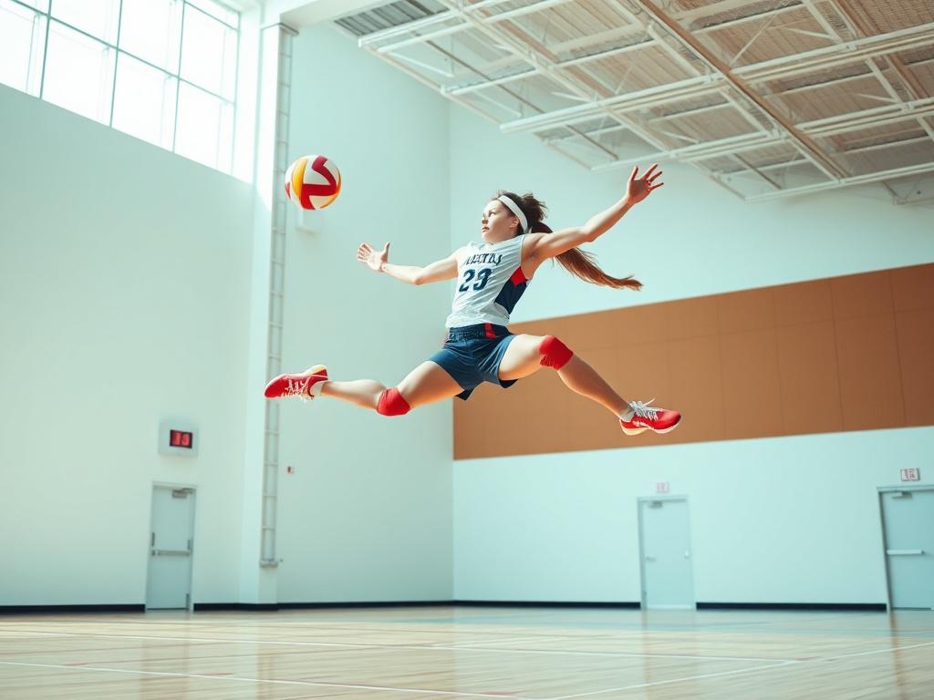 A photorealistic image of a high school volleyball athlete mid