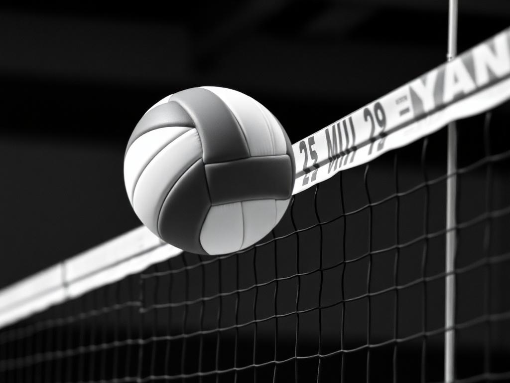 A high-resolution black and white image of a volleyball soaring over a net during a dynamic match. The volleyball is in sharp focus, capturing its texture and design, while the net is slightly blurred in the background, emphasizing the action. The setting should resemble a volleyball court, with the court lines visible. The composition should evoke excitement and energy, showcasing the sport's competitive spirit.