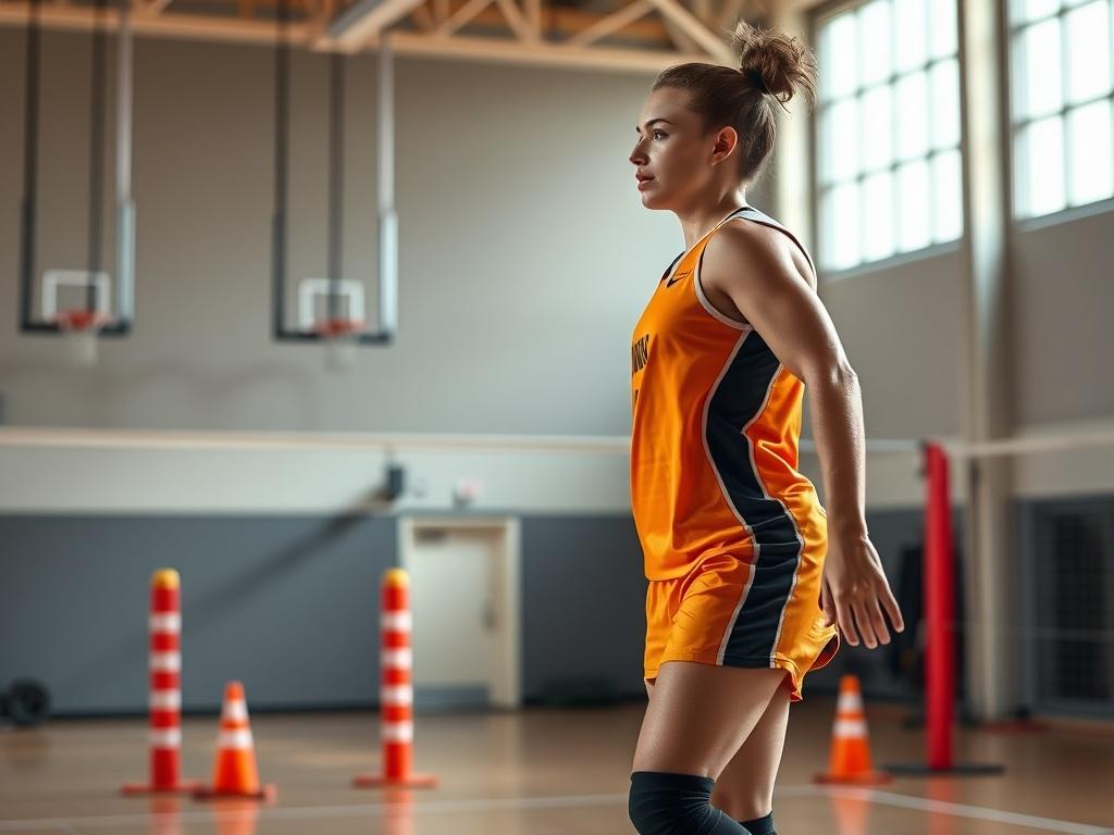 A focused volleyball player performing a vertical jump test in a sports facility. The background features gym equipment and training cones, emphasizing a professional athletic environment. The player is in mid-air, showcasing determination and skill, with a clear expression of concentration. The lighting is bright and vivid, highlighting the vibrant colors of the volleyball uniform.