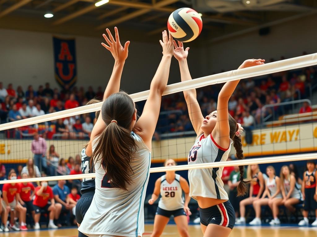 A close-up shot of a high school girls volleyball game in action, showcasing intense gameplay. The focus is on a player executing a powerful spike over the net, with teammates in the background ready to assist. The court is well-lit, and the atmosphere is vibrant, filled with cheering fans and colorful team uniforms. The setting is energetic and dynamic, capturing the spirit of competition.