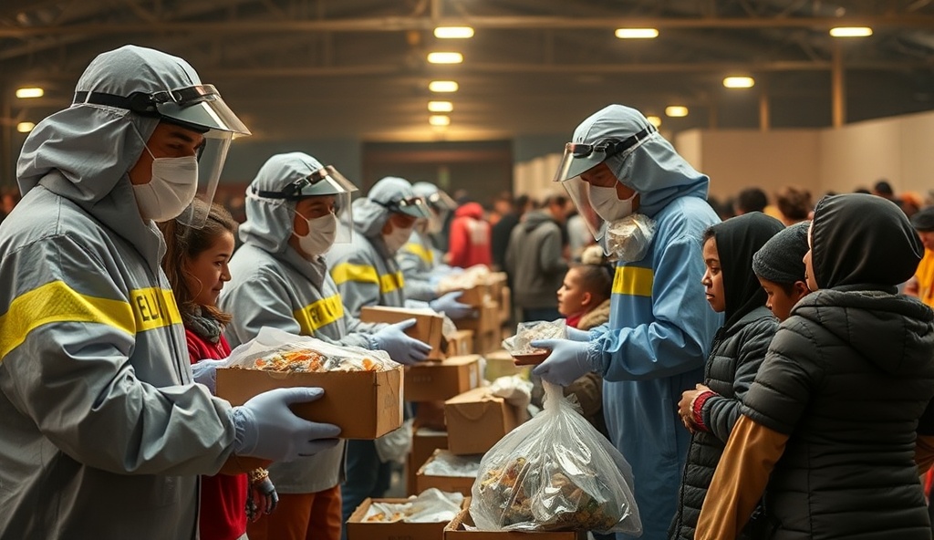 Disaster relief volunteers distributing aid to families