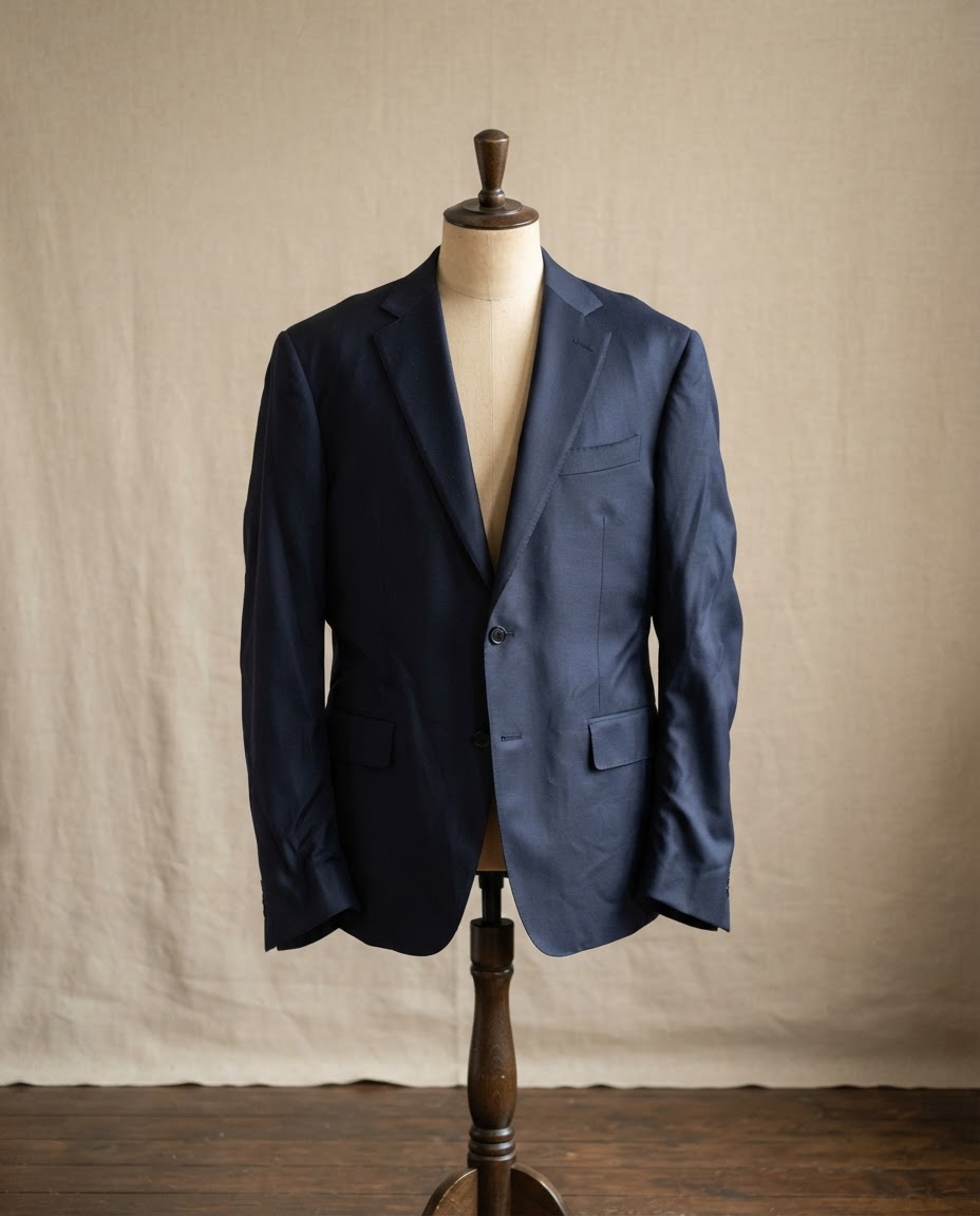 Before: a navy suit jacket with baggy sleeves and a loose waist
