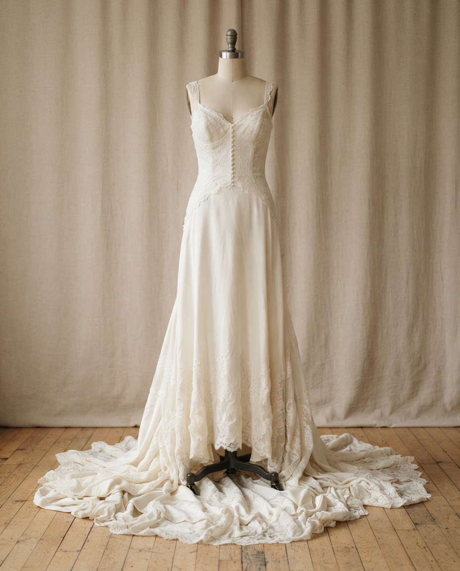Before: an ivory wedding gown with a hem pooling heavily on the floor