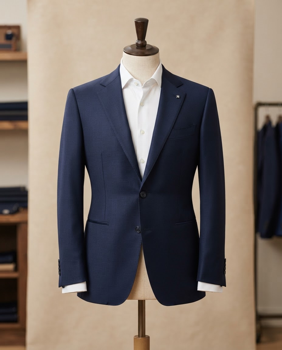 After: the same navy suit jacket tailored with clean shoulders and a tapered waist