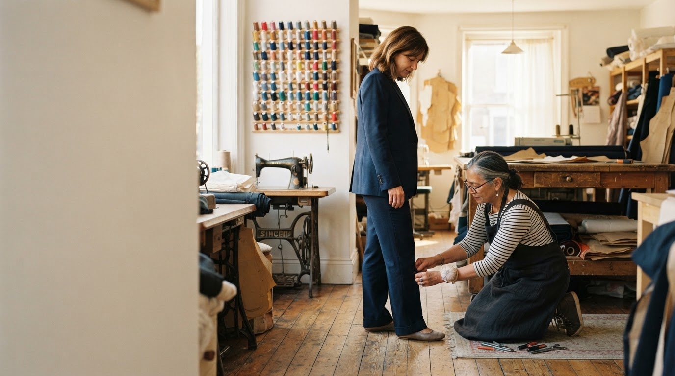 Rosa Almeida pinning the hem of a navy suit on a client in the sunlit Harbor & Pine shop, thread spools on the wall behind them